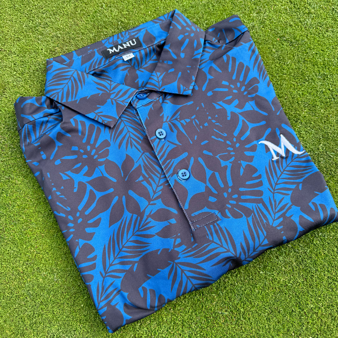 Detailed view of the Island Nights Polo shirt, highlighting the Polynesian pattern and premium fabric. Proudly designed in New Zealand.