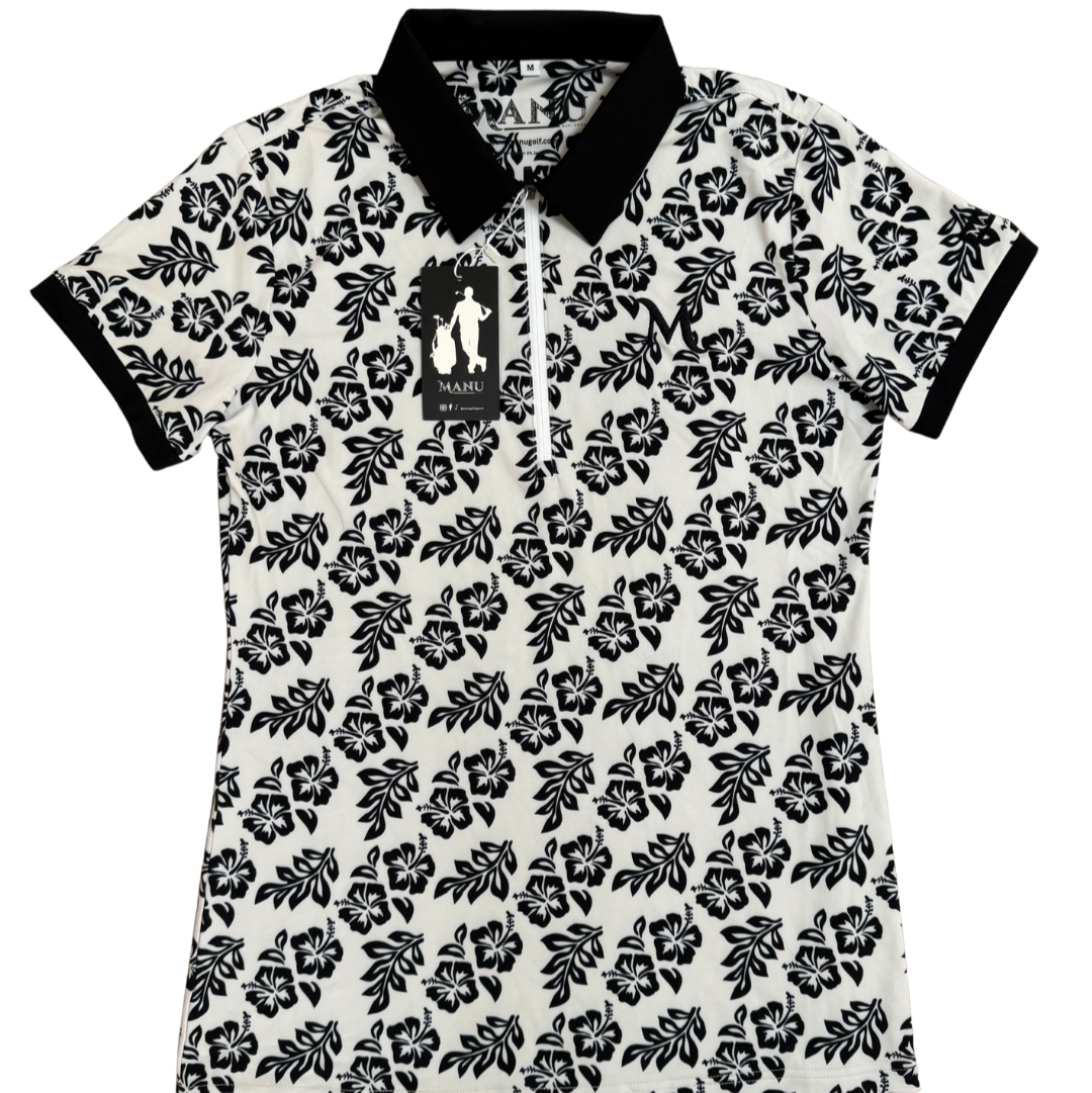 Island Grace women's golf polo in white with black frangipani print, stylish and breathable for modern golfers.